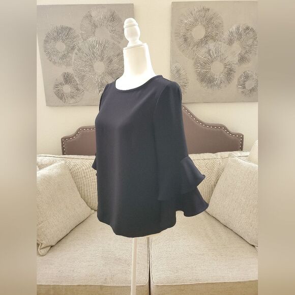 🦋 J.CREW 🦋 Tiered Bell-Sleeve Drapey Crepe Top - [Size 0, Black] - Picture 7 of 14
